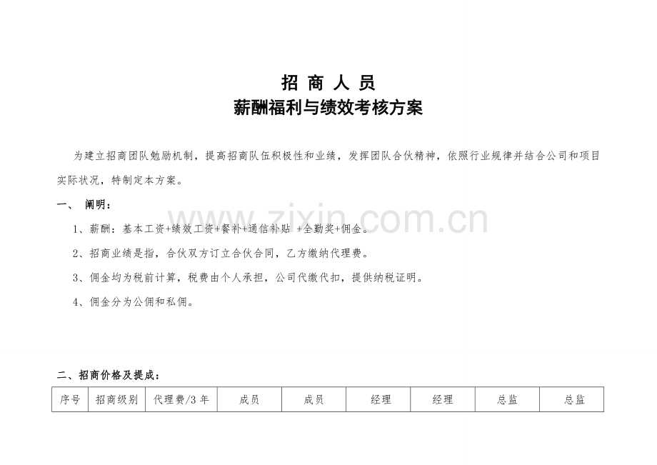 招商人员薪酬福利与绩效管理考核专项方案.doc_第1页