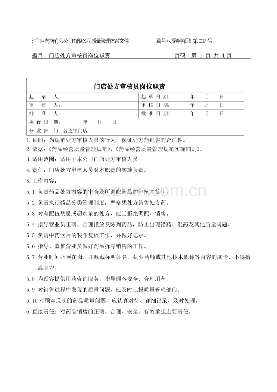 医药连锁门店处方审核员岗位职责模版.doc_第1页