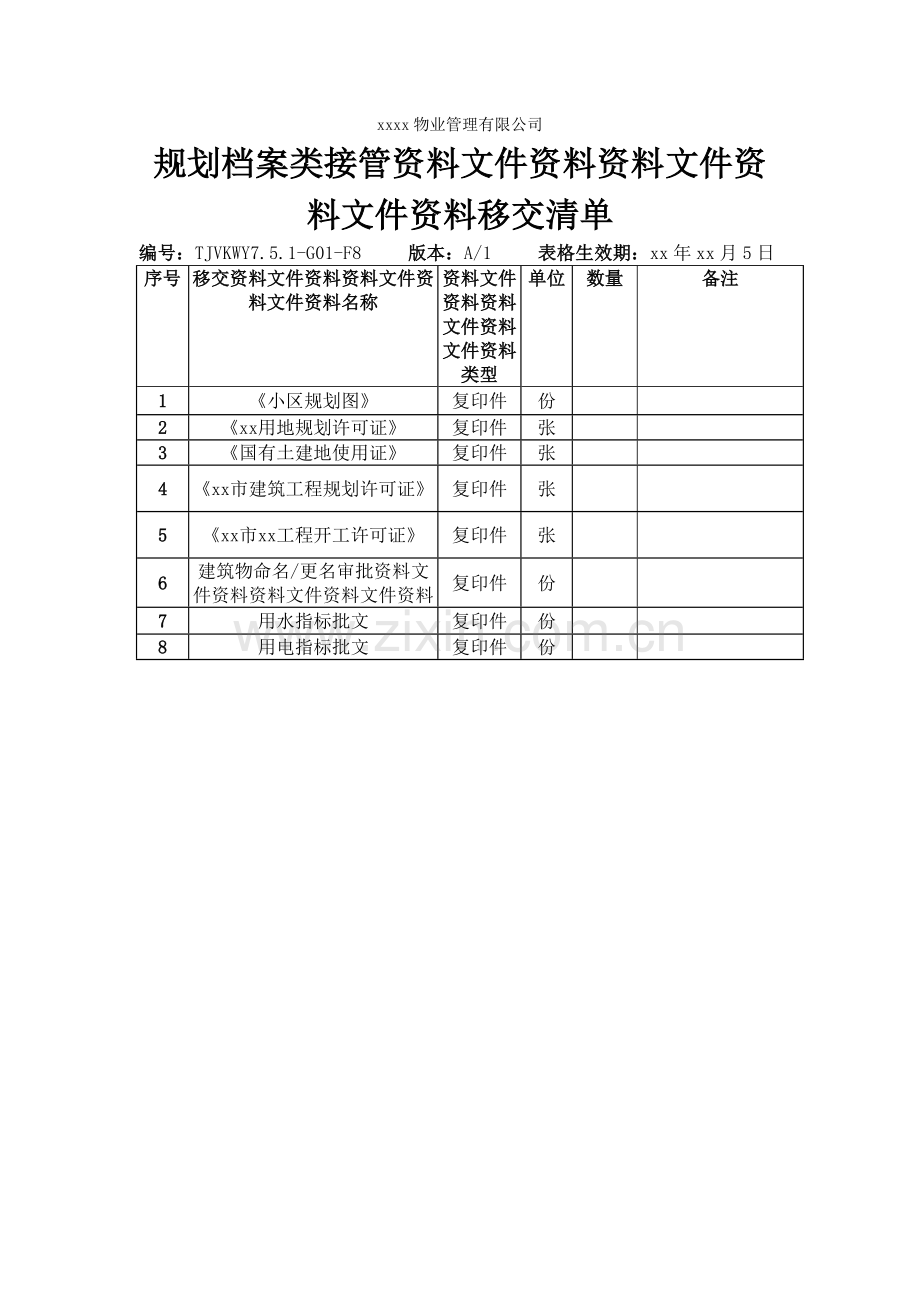 物业公司规划档案类接管资料移交清单8.doc_第1页