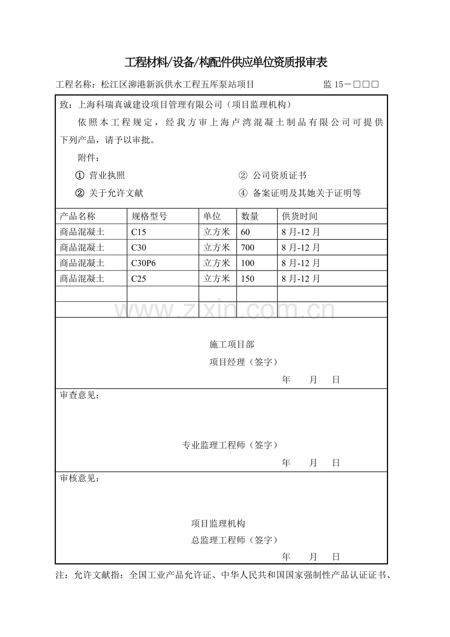 A综合项目工程材料设备构配件供应单位资质报审表.doc_第1页