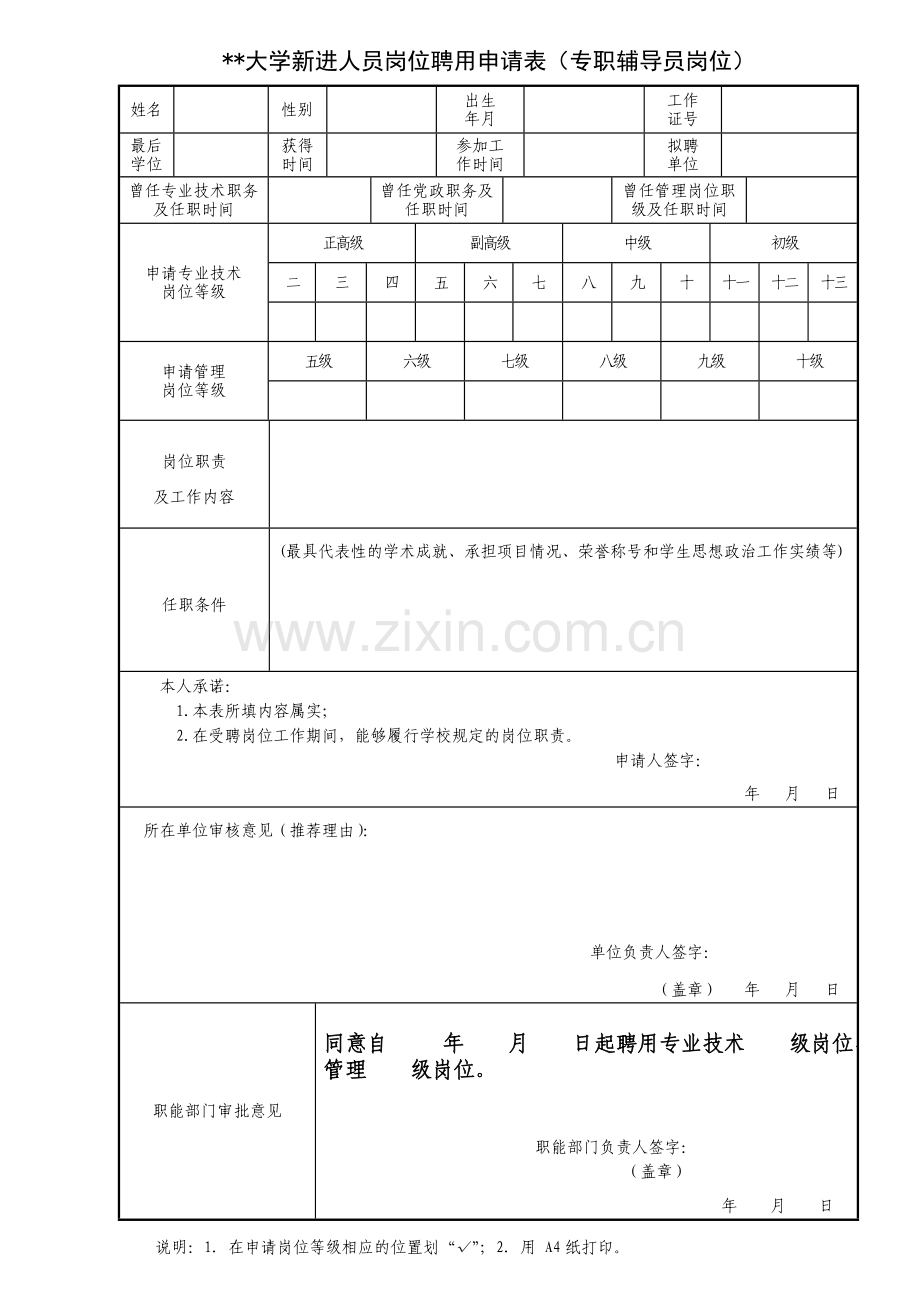 大学新进人员岗位聘用申请表(专职辅导员岗位).doc_第1页