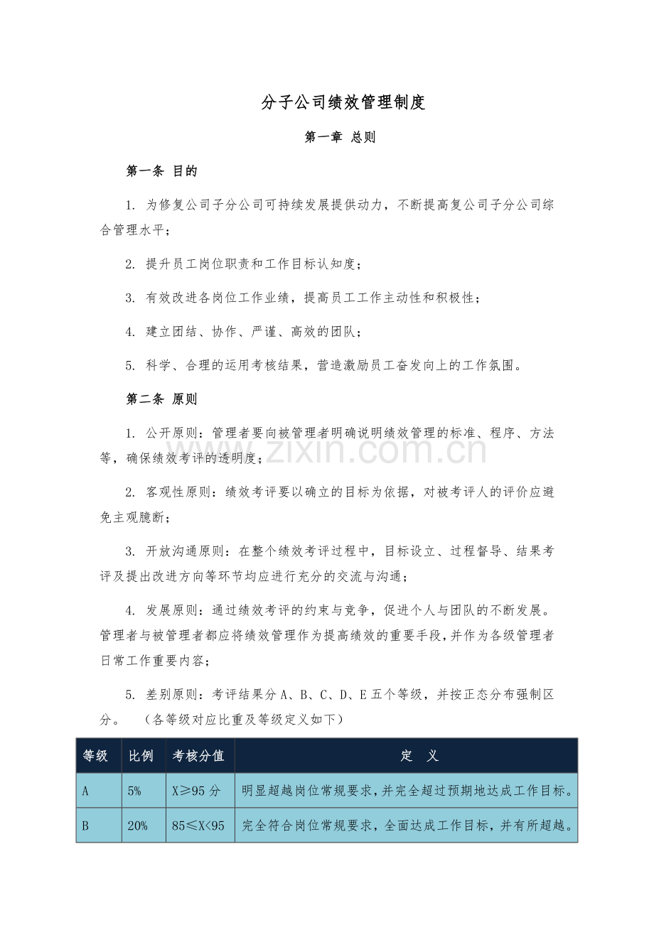 建设工程公司分子公司绩效管理制度模版.docx_第1页