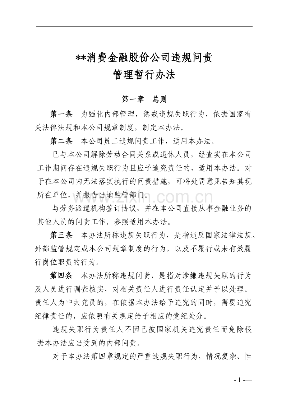 消费金融股份公司违规问责管理暂行办法模版.docx_第1页