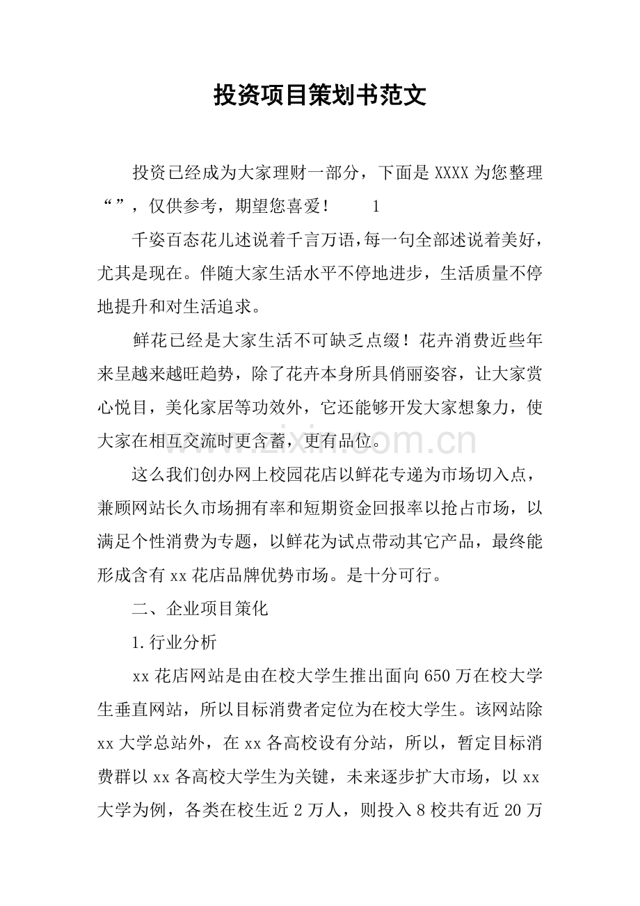 投资综合项目专业策划书范文.docx_第1页