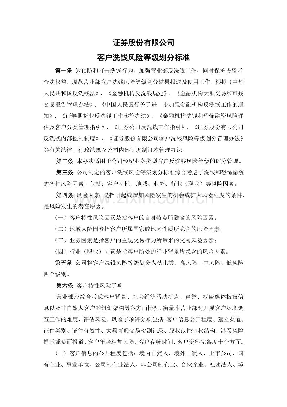 证券股份有限公司客户洗钱风险等级划分标准模版.doc_第1页