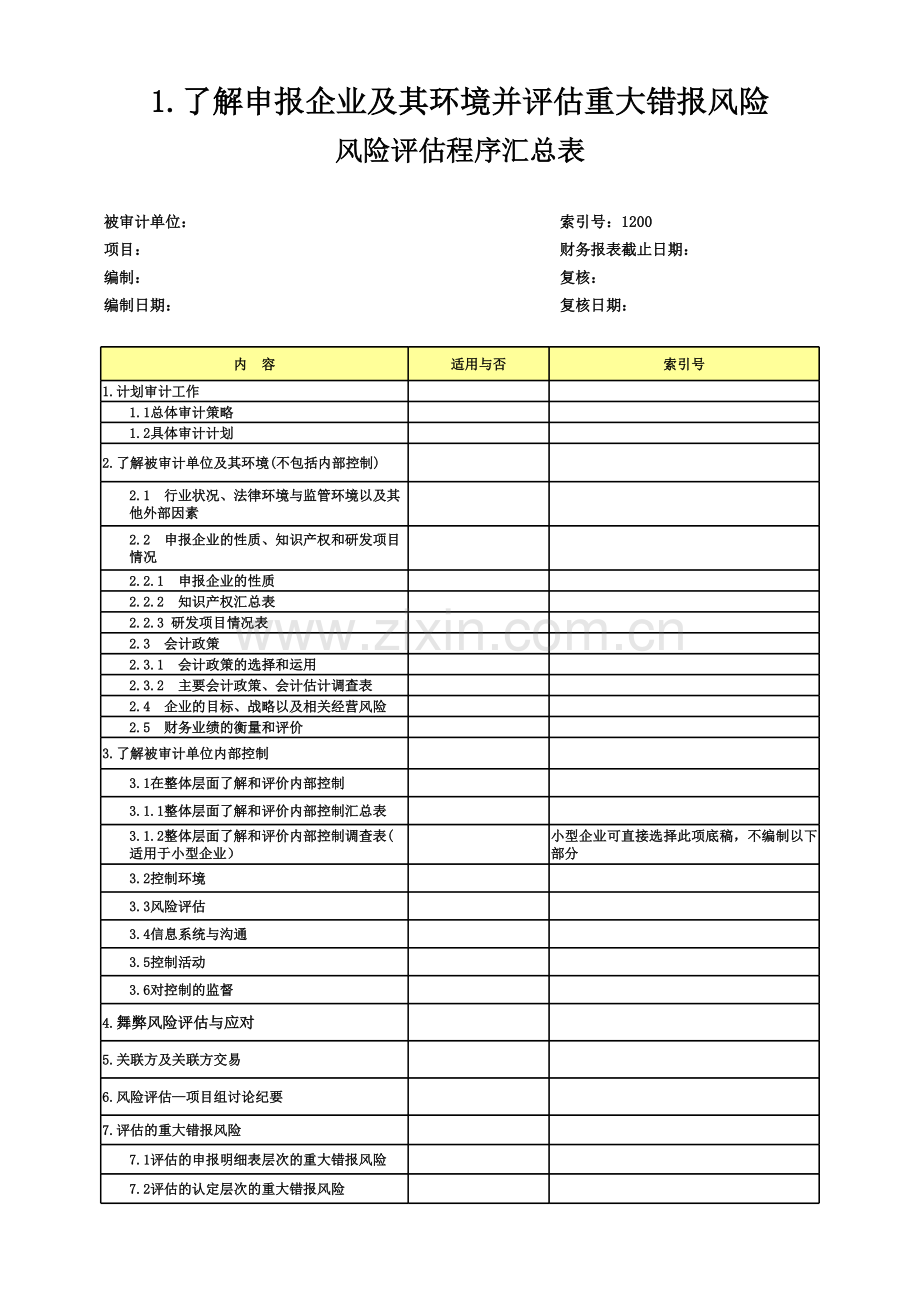 高新技术企业认定专项审计工作底稿及专项审计风险评估程序汇总表.xls_第1页