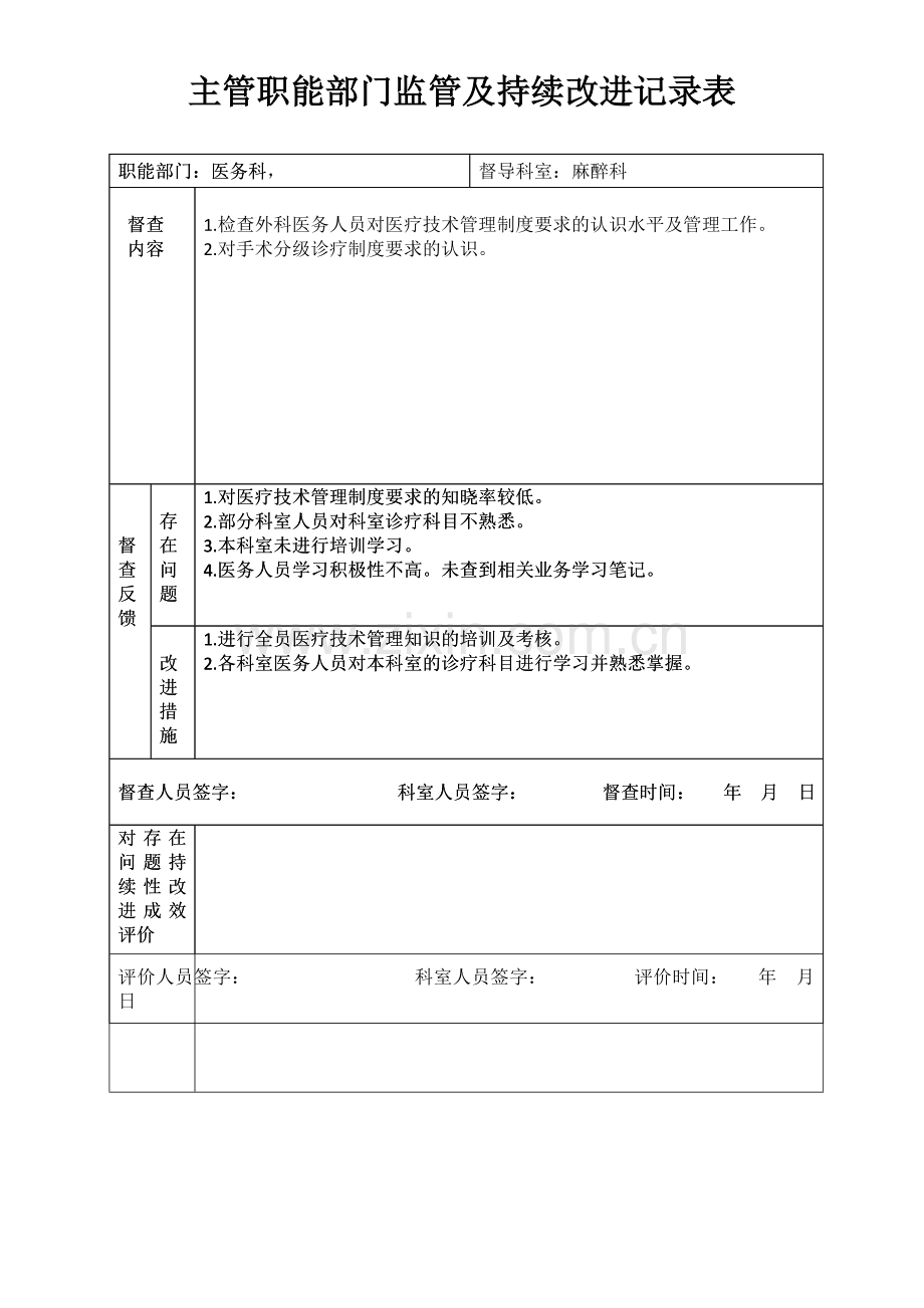 医院职能部门监管麻醉及持续改进记录表.doc_第1页