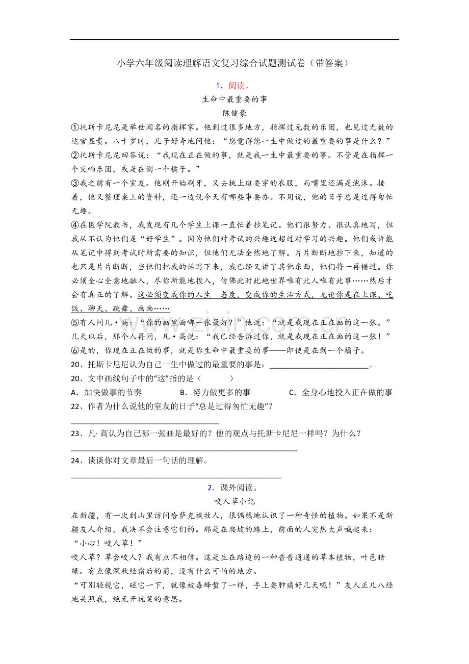 小学六年级阅读理解语文复习综合试题测试卷(带答案).docx_第1页