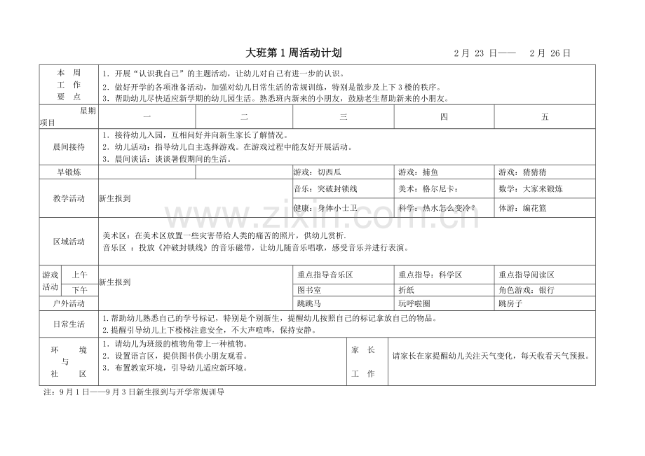 幼儿园大班周计划表.doc_第1页