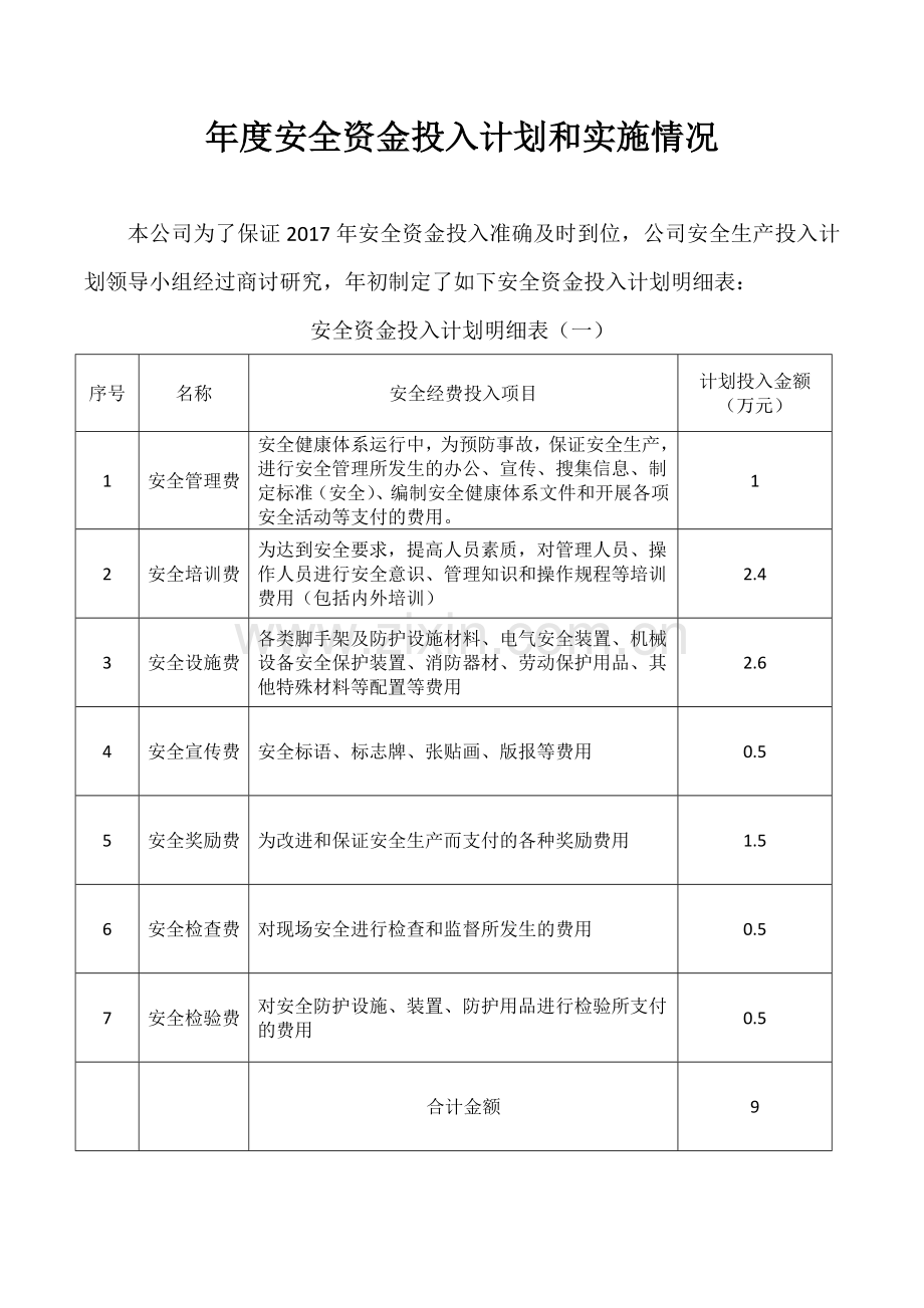 年度安全资金投入计划和实施情况.docx_第1页