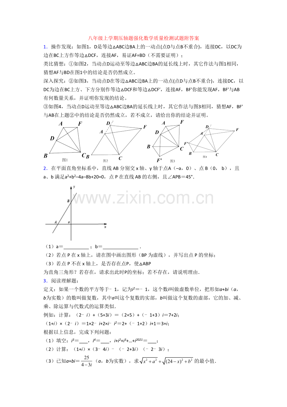 八年级上学期压轴题强化数学质量检测试题附答案.doc_第1页