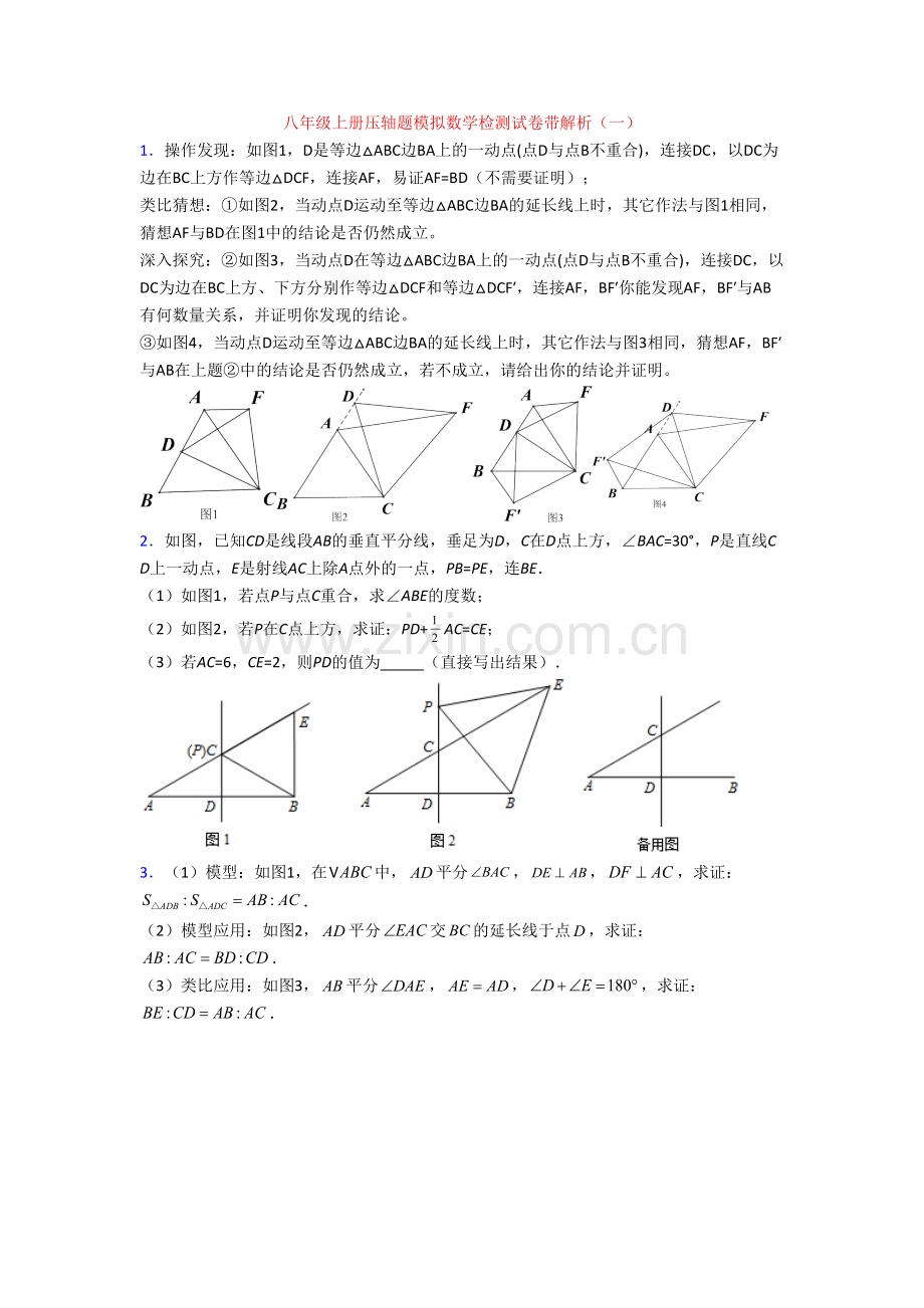 八年级上册压轴题模拟数学检测试卷带解析(一)[001].doc_第1页