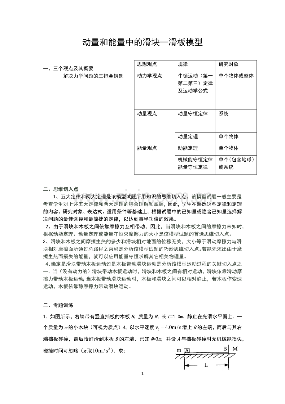 动量和能量中的滑板滑块模型专题.docx_第1页