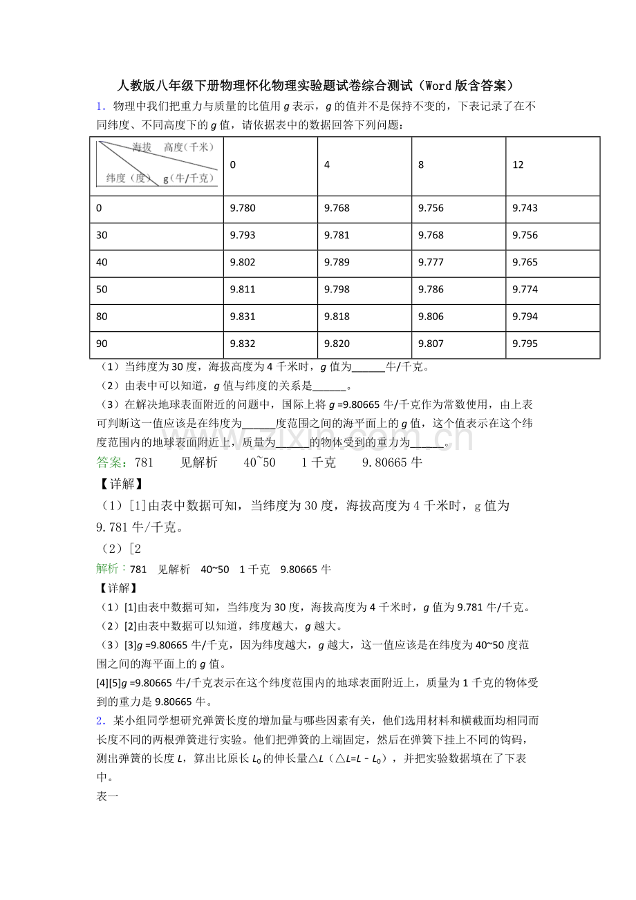 人教版八年级下册物理怀化物理实验题试卷综合测试(Word版含答案).doc_第1页