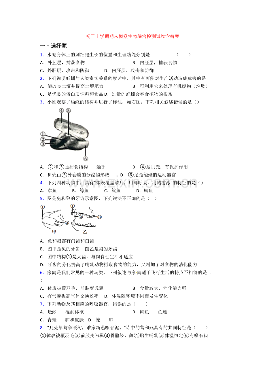 初二上学期期末模拟生物综合检测试卷含答案.doc_第1页