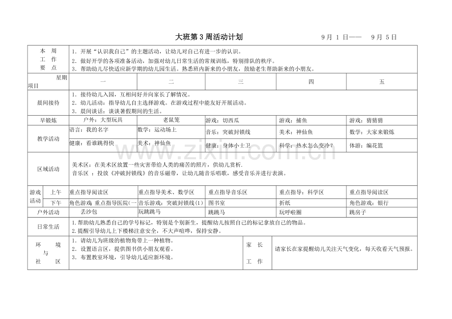 幼儿园大班周计划表夏季.doc_第1页