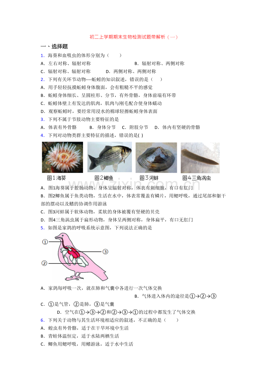 初二上学期期末生物检测试题带解析(一).doc_第1页