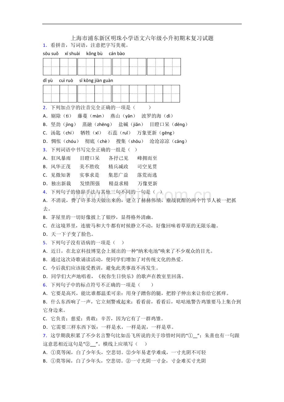 上海市浦东新区明珠小学语文六年级小升初期末复习试题.docx_第1页