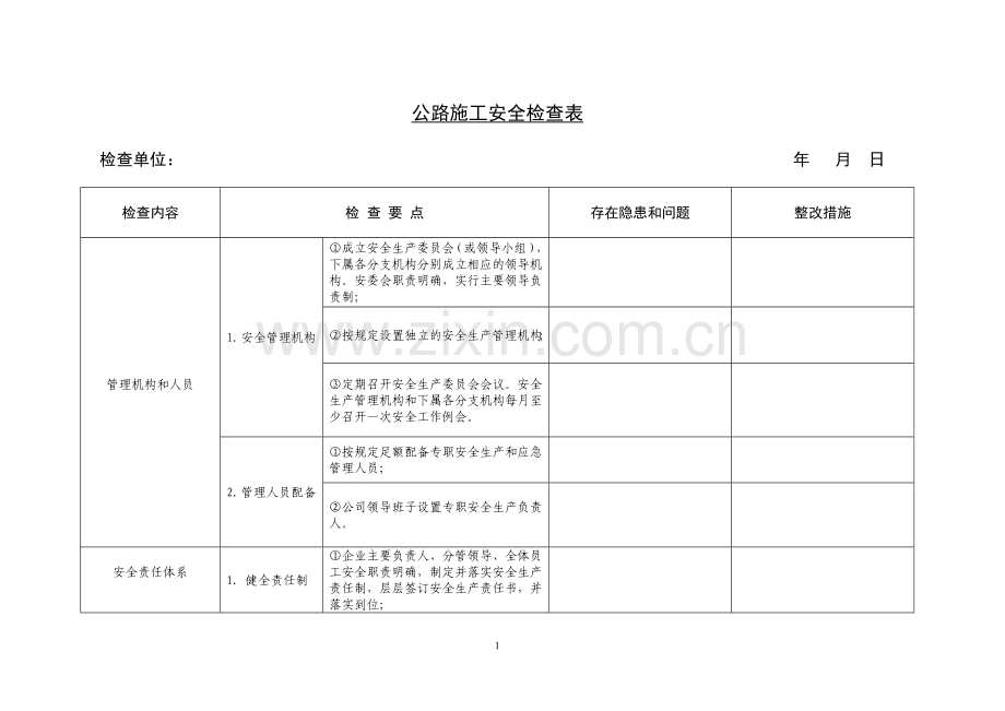 公路施工安全检查表.doc_第1页