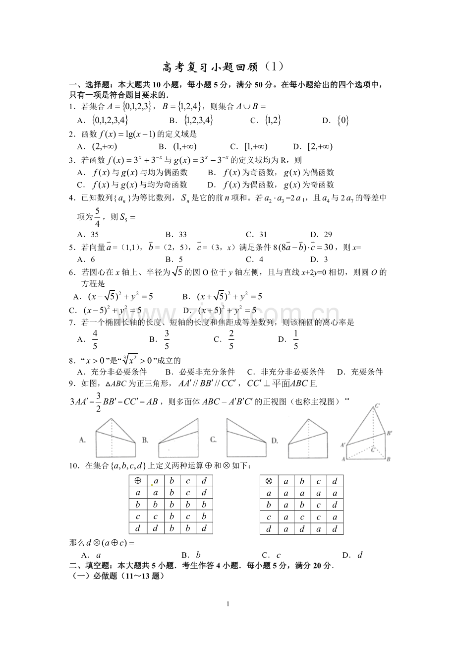 广东文科数学高考小题复习回顾.doc_第1页