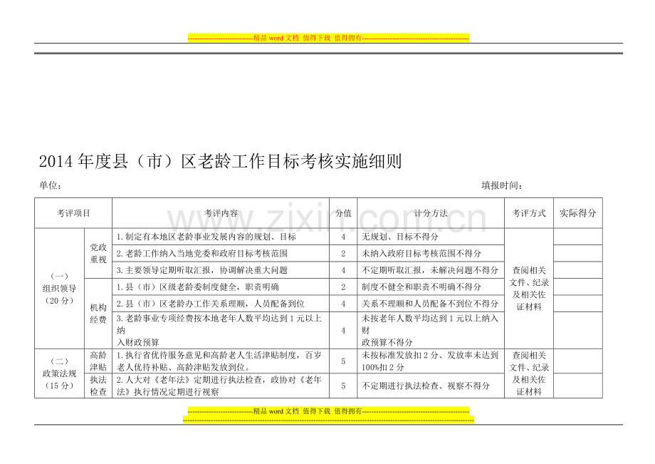 2014年度老龄工作考核表..doc_第1页