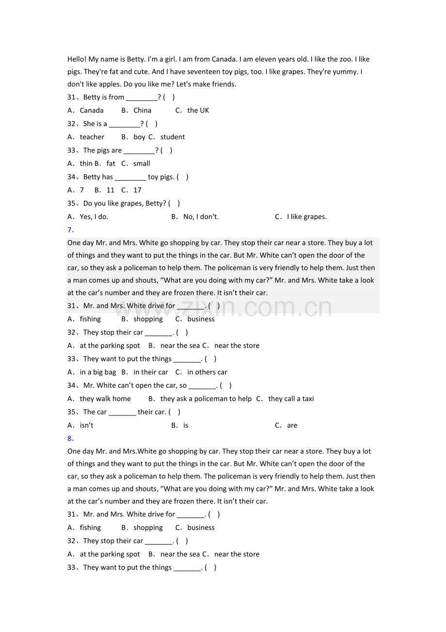 人教pep版小学三年级上学期阅读理解专项英语复习试题测试卷(带答案).doc_第3页