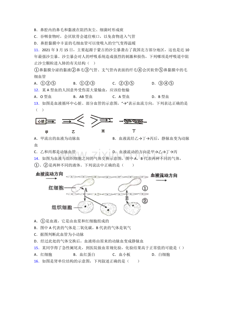 人教七年级下册生物期中学业水平卷(含答案)优秀.doc_第3页