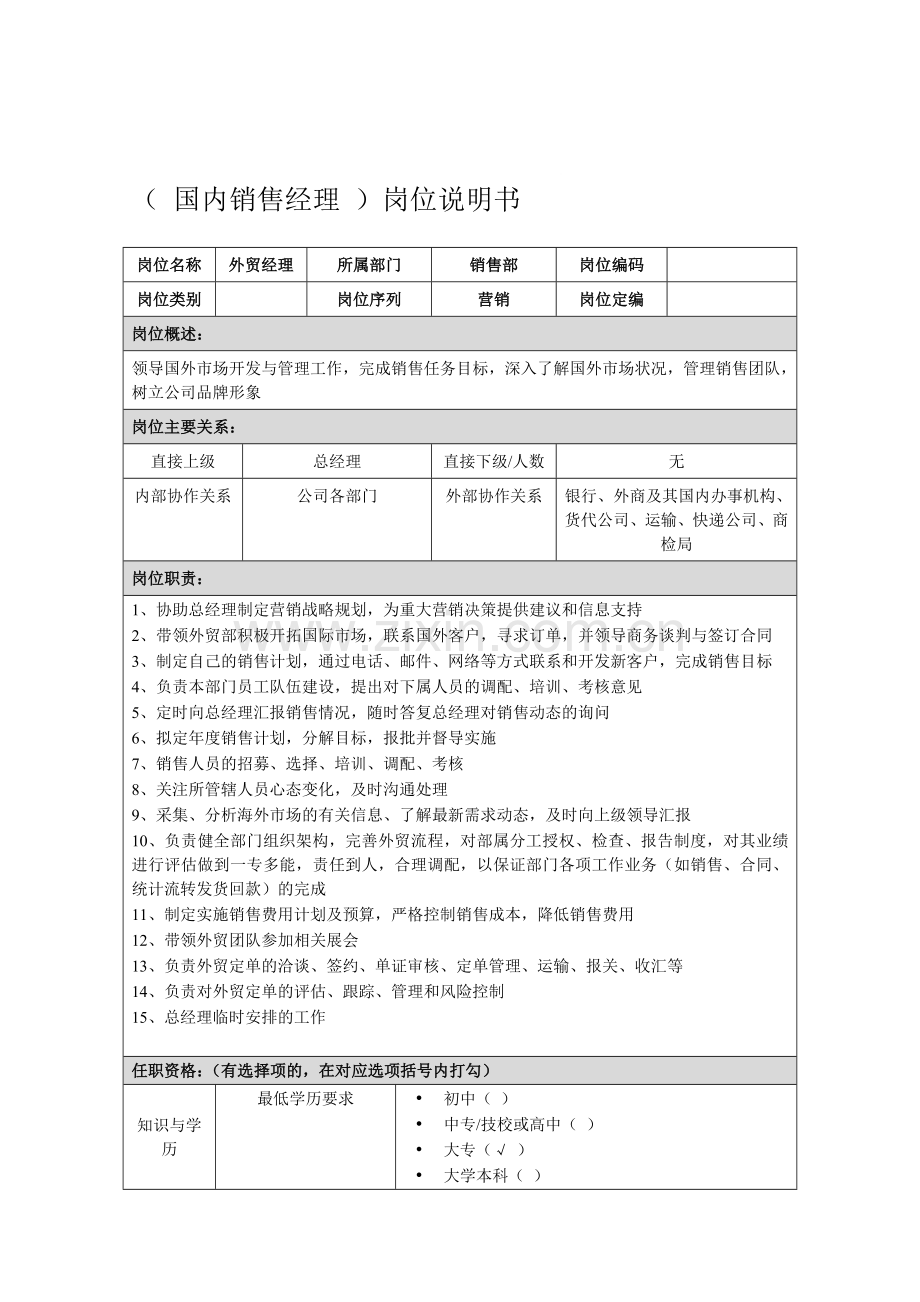 外贸经理岗位说明书.doc_第1页