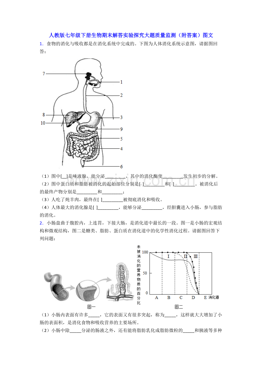 人教版七年级下册生物期末解答实验探究大题质量监测(附答案)图文.doc_第1页