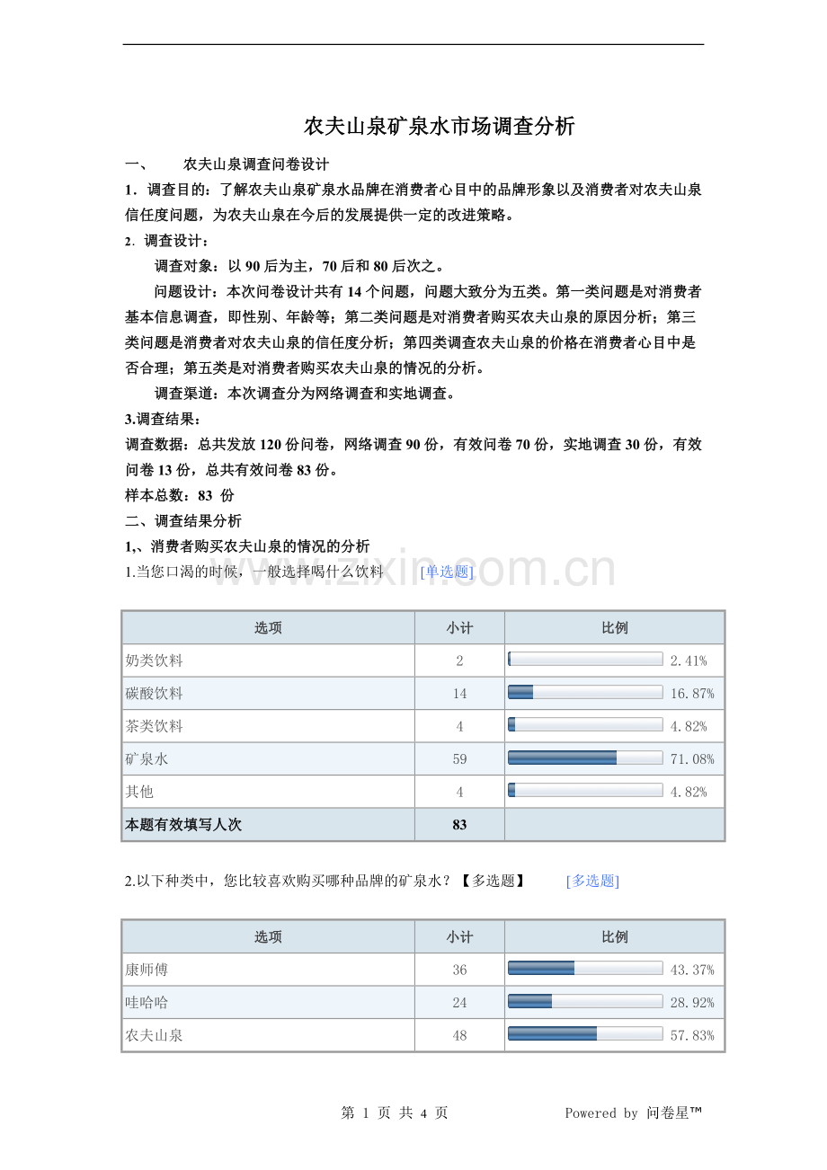 农夫山泉矿泉水市场调查问卷分析报告.doc_第1页