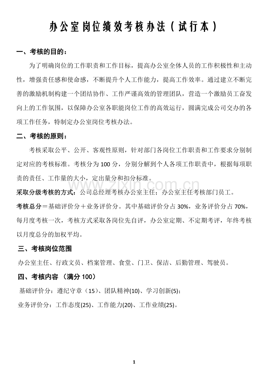 办公室岗位绩效考核办法.docx_第1页