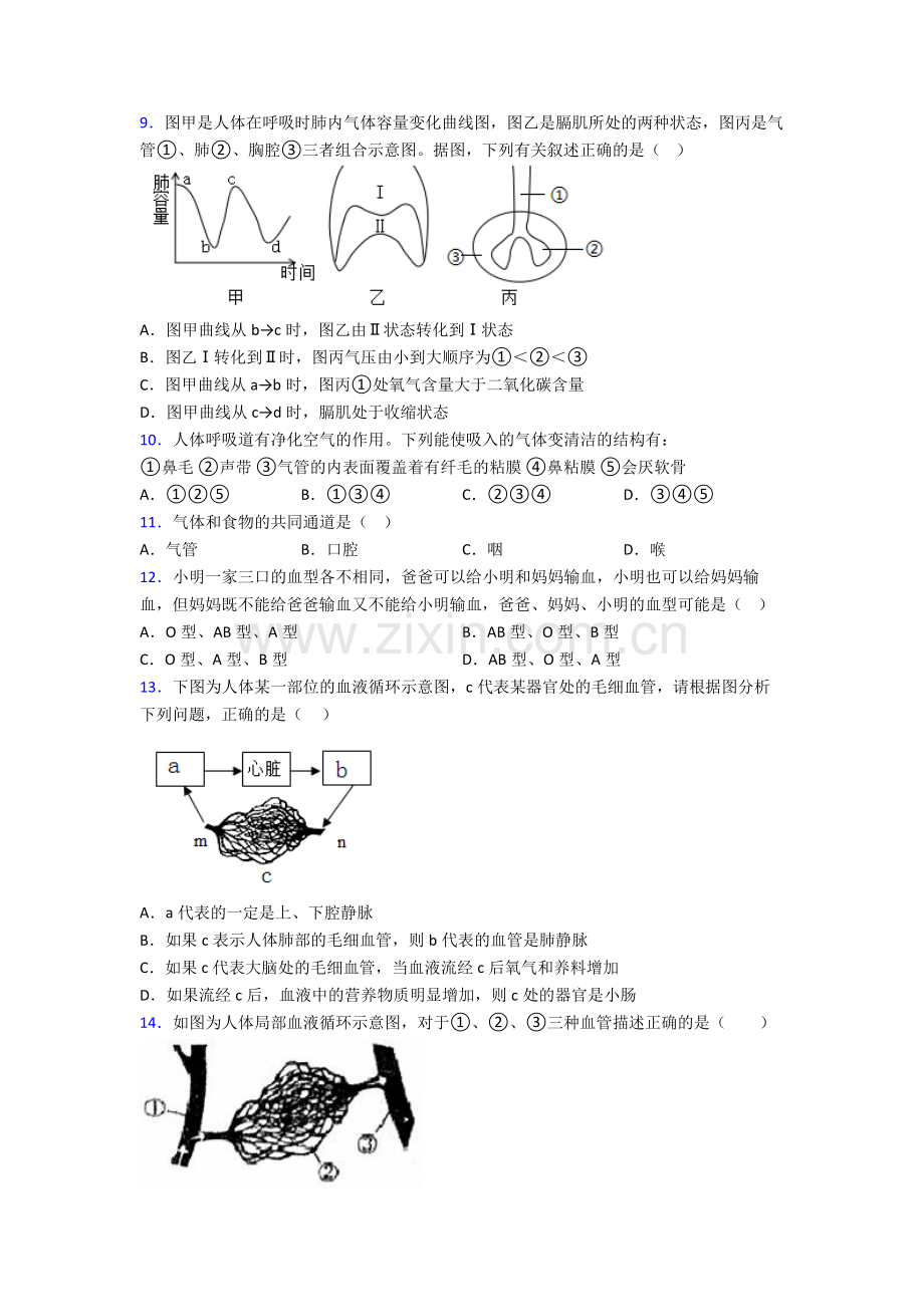 2022年人教版中学初一下册生物期中复习卷及答案word.doc_第3页