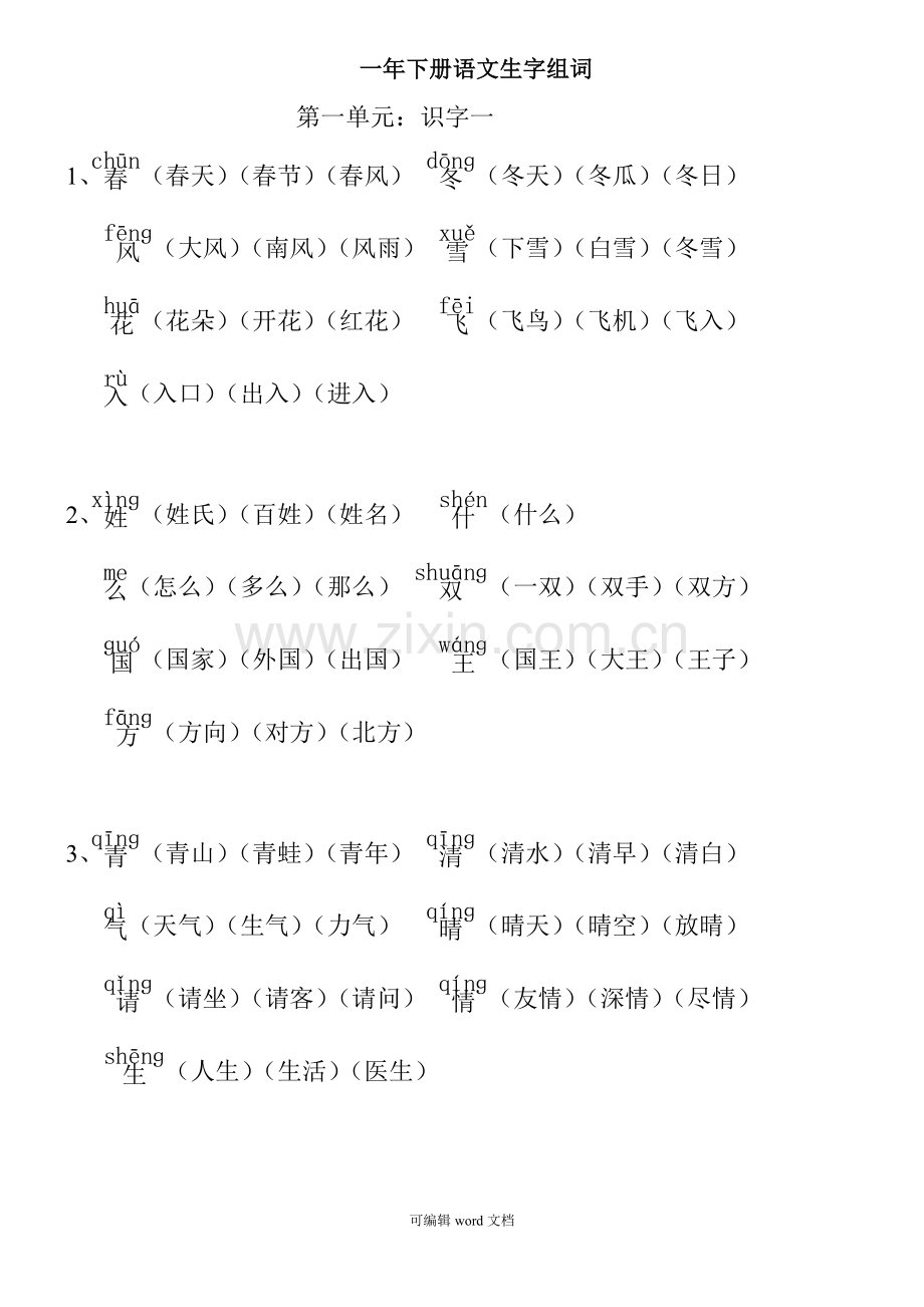 部编版一年级下册语文生字组词完整版本.doc_第1页