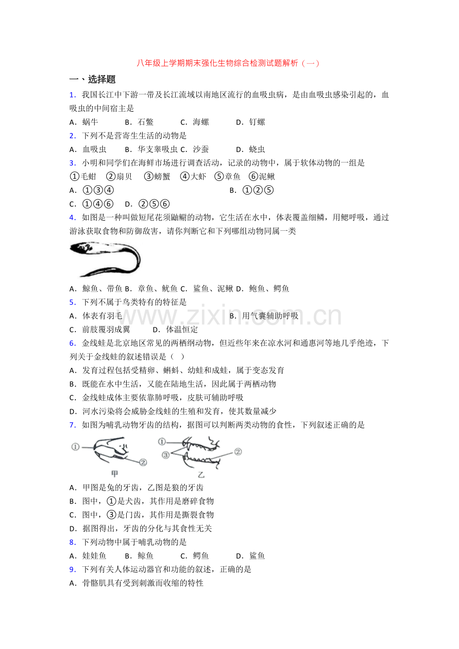 八年级上学期期末强化生物综合检测试题解析(一)[001].doc_第1页