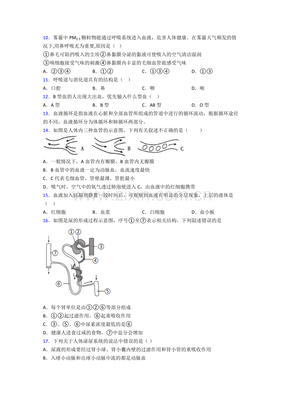 2023年人教版初一下册生物期中学业水平试卷附答案word.doc_第3页