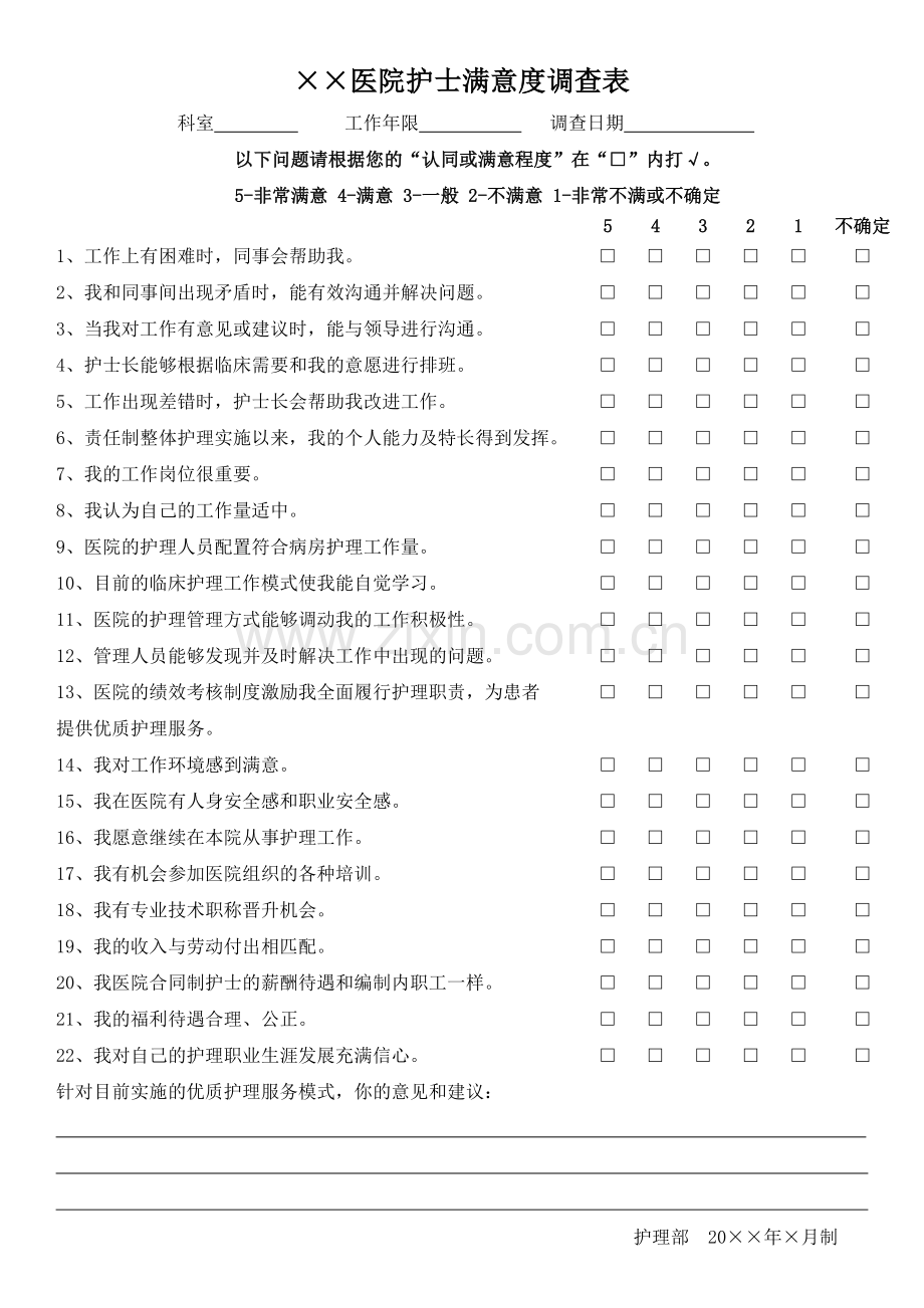 医院护士满意度调查表(卫生部).docx_第1页