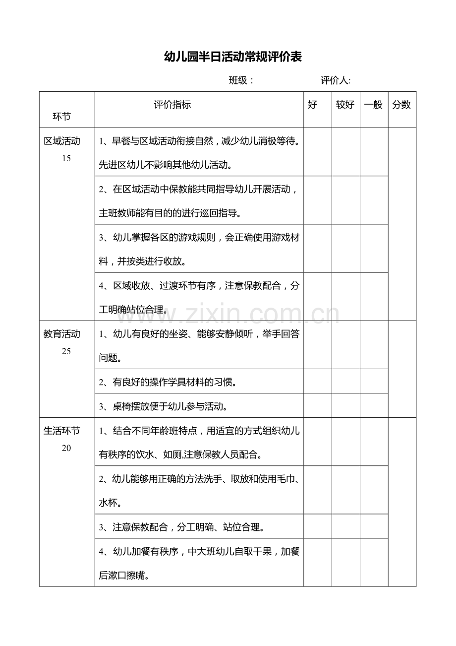 幼儿园半日活动常规评价表.doc_第1页