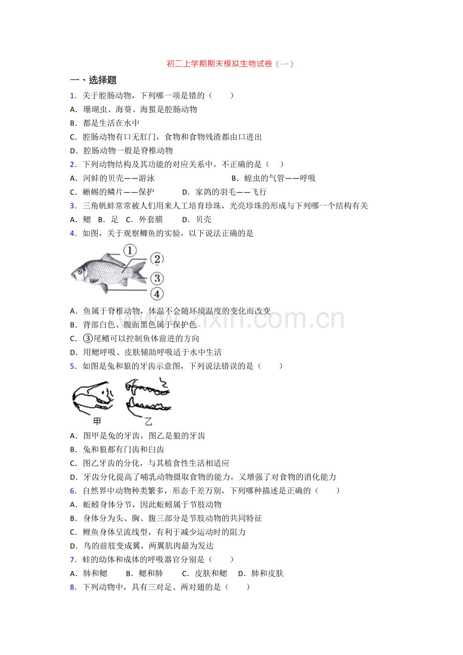 初二上学期期末模拟生物试卷(一).doc_第1页