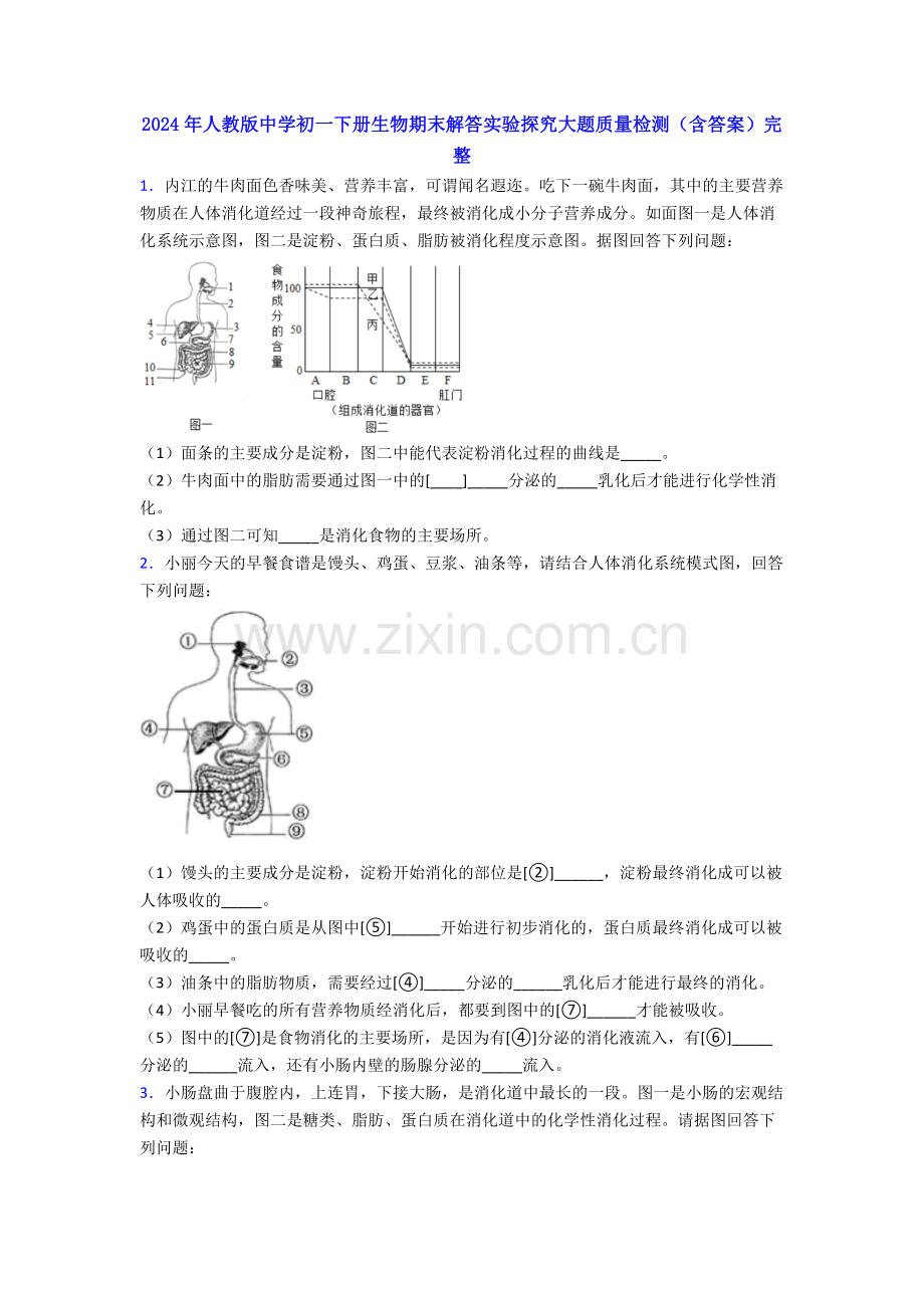 2024年人教版中学初一下册生物期末解答实验探究大题质量检测(含答案)完整.doc_第1页