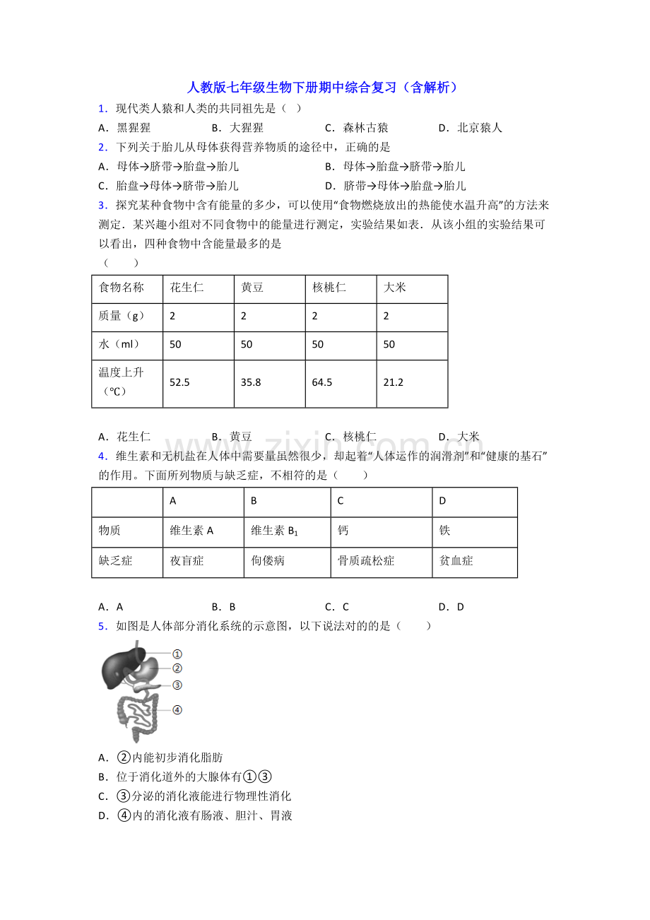 人教版七年级生物下册期中综合复习(含解析).doc_第1页