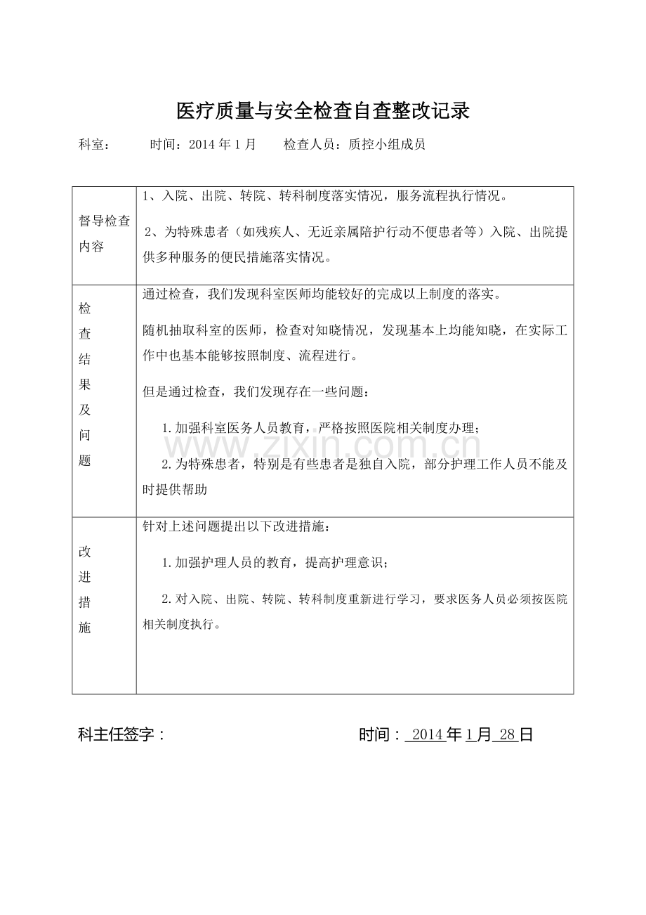 医疗质量安全检查自查整改记录.docx_第1页