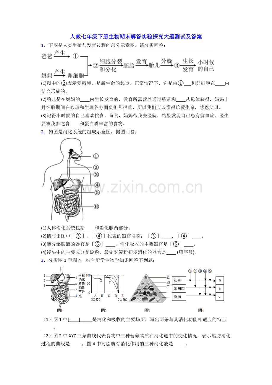 人教七年级下册生物期末解答实验探究大题测试及答案.doc_第1页