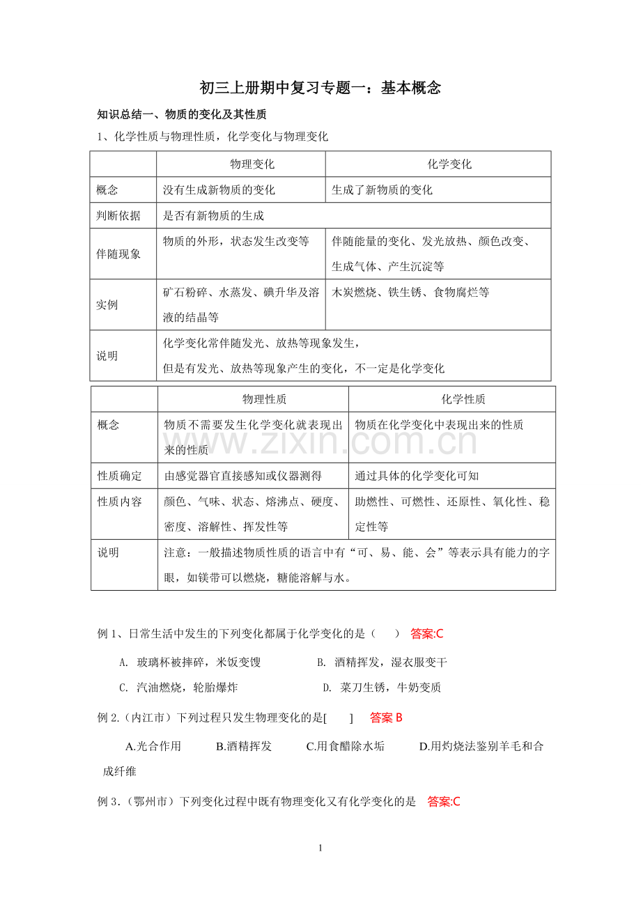 初三化学上册期中复习专题一.doc_第1页