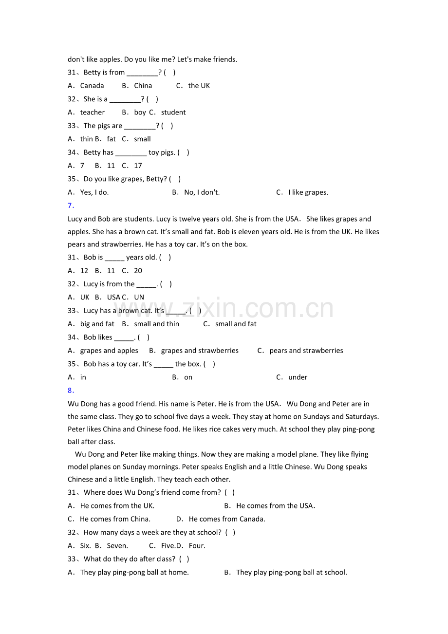 北师大版小学英语三年级上册阅读理解专项复习试卷.doc_第3页