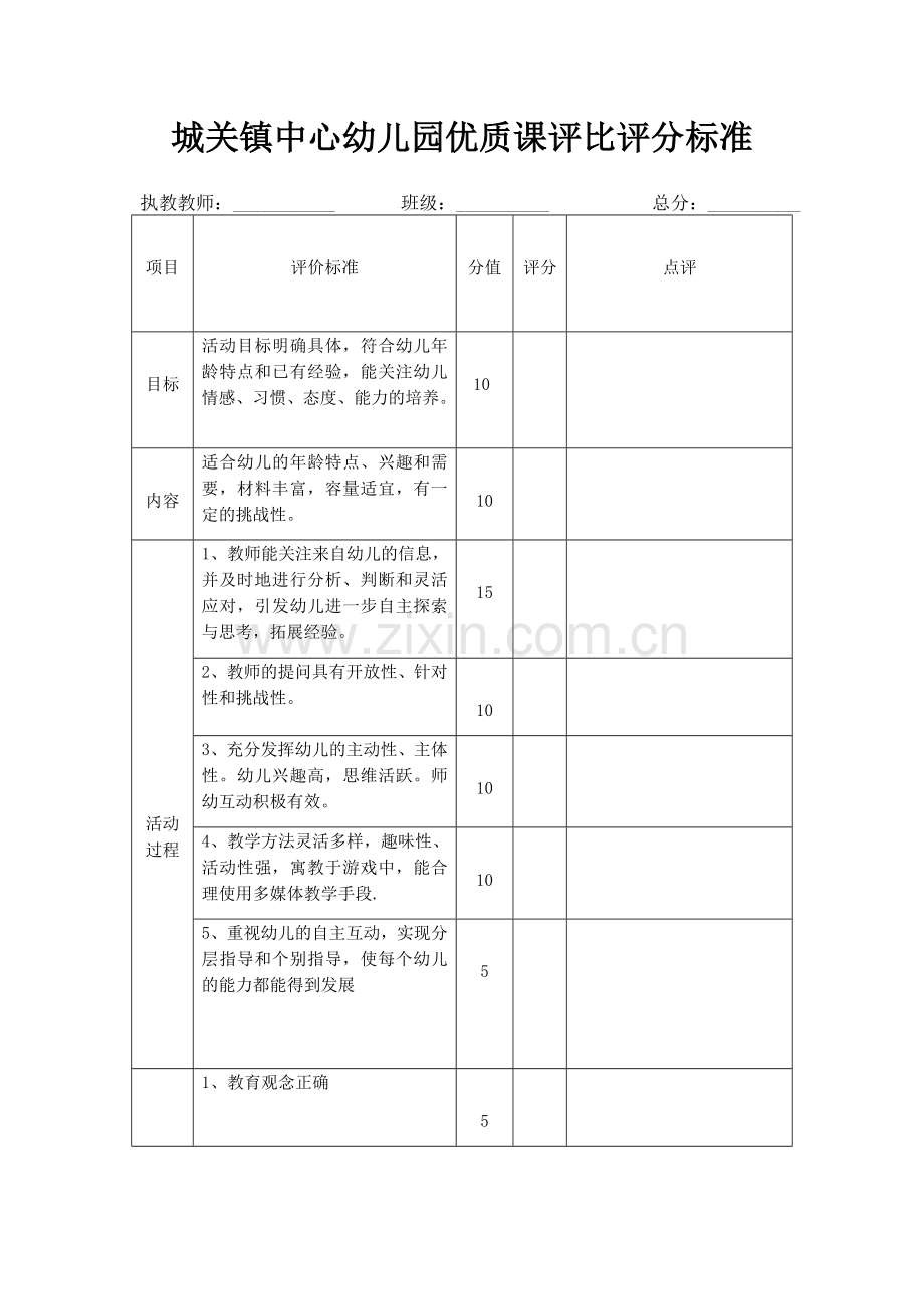 幼儿园教师优质课评比评分表.docx_第1页