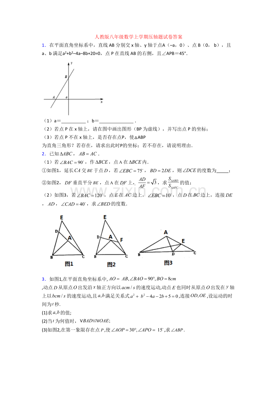 人教版八年级数学上学期压轴题试卷答案[003].doc_第1页