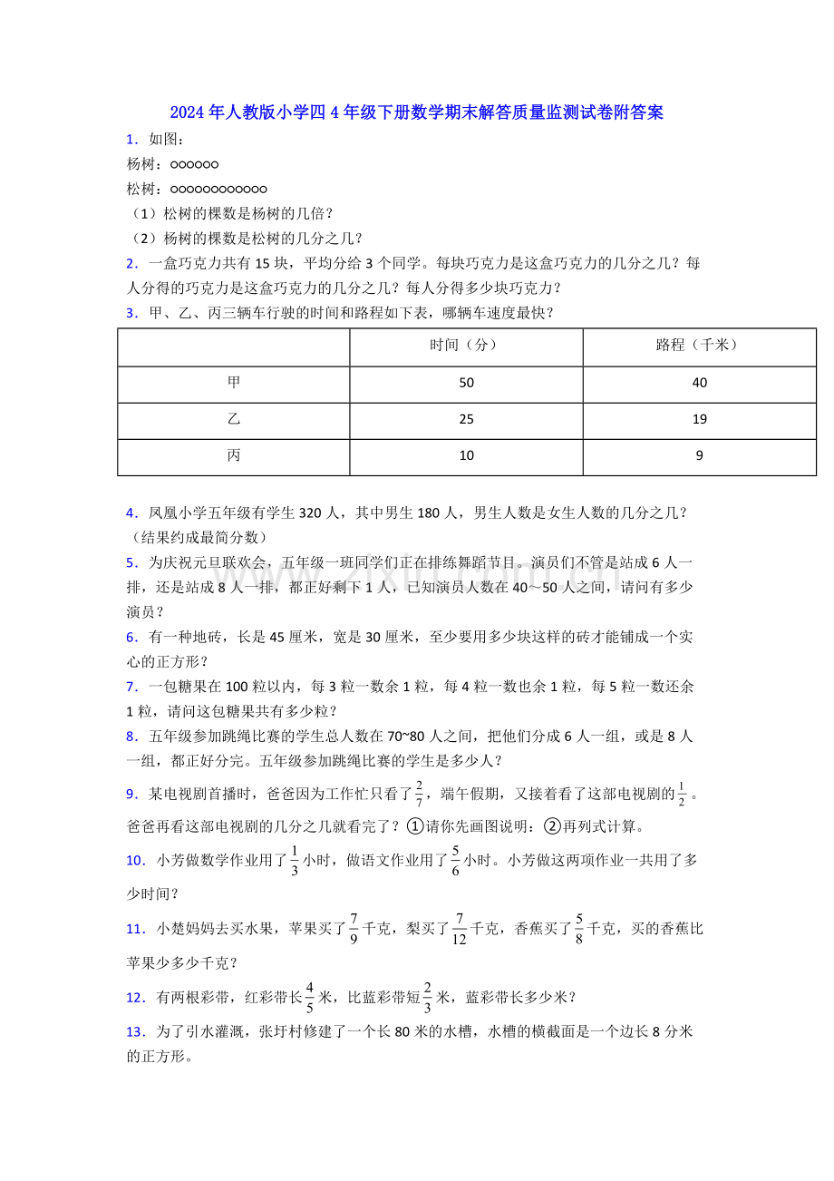 2024年人教版小学四4年级下册数学期末解答质量监测试卷附答案.doc_第1页