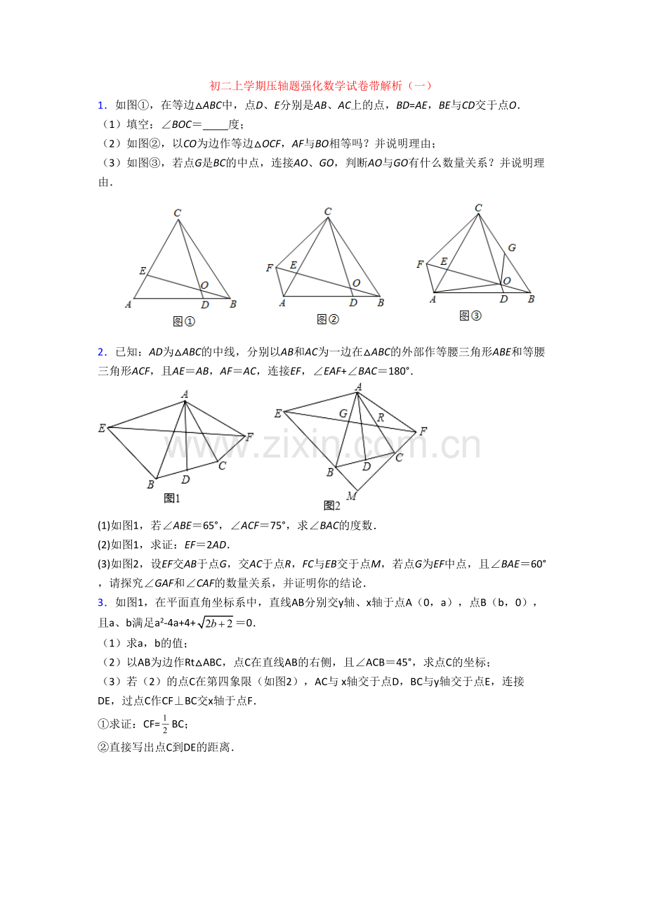 初二上学期压轴题强化数学试卷带解析(一)[002].doc_第1页