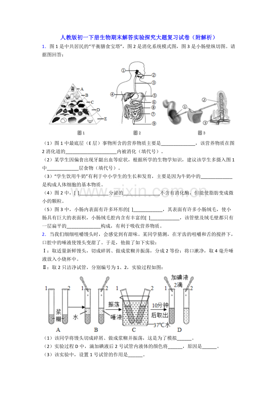 人教版初一下册生物期末解答实验探究大题复习试卷(附解析).doc_第1页