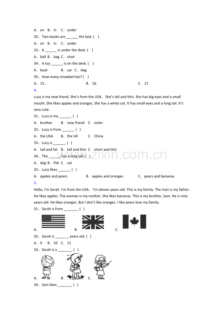 小学三年级上册阅读理解专项英语培优试题(答案)(北师大版).doc_第2页